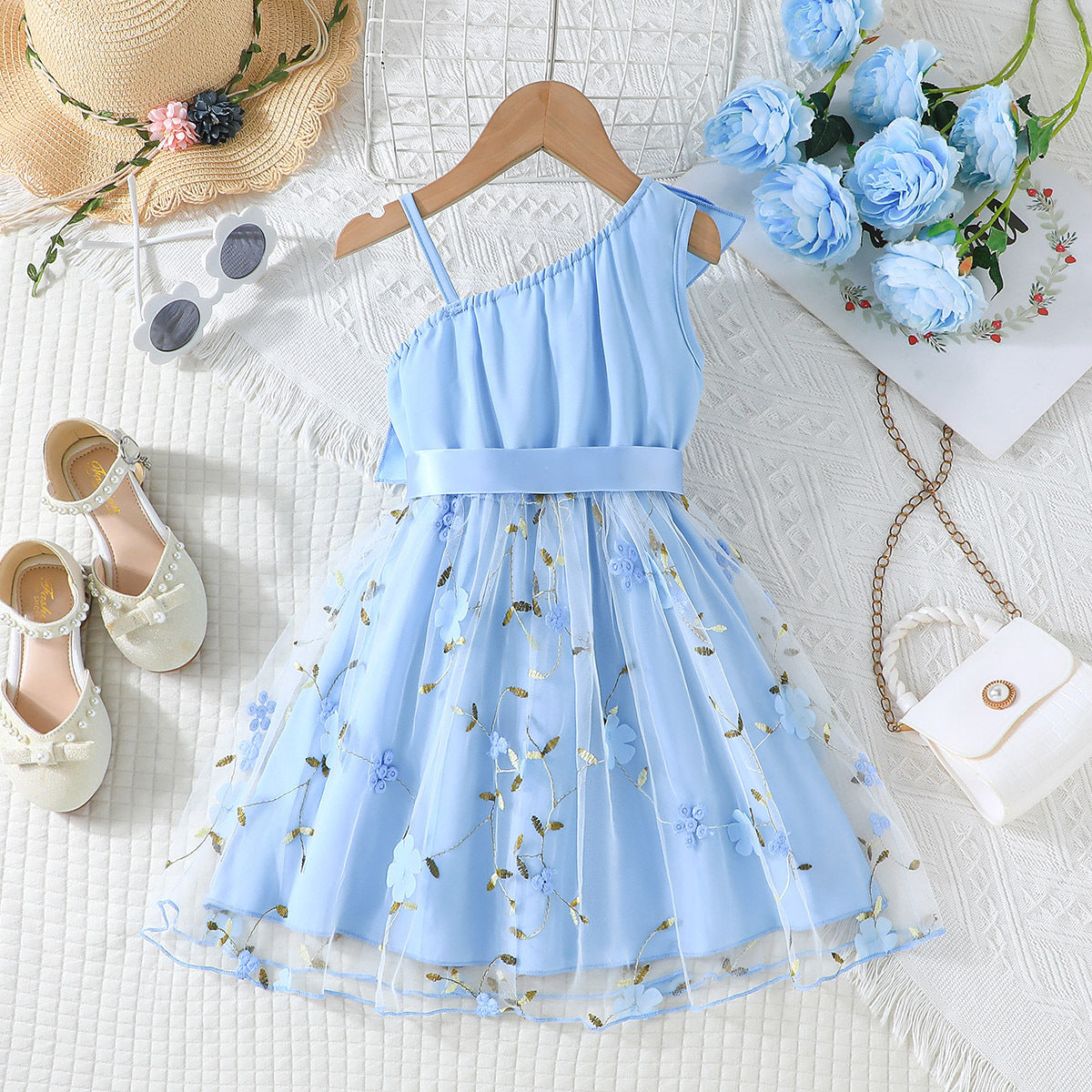 Striped Ruffled Net Fit & Flare Dress