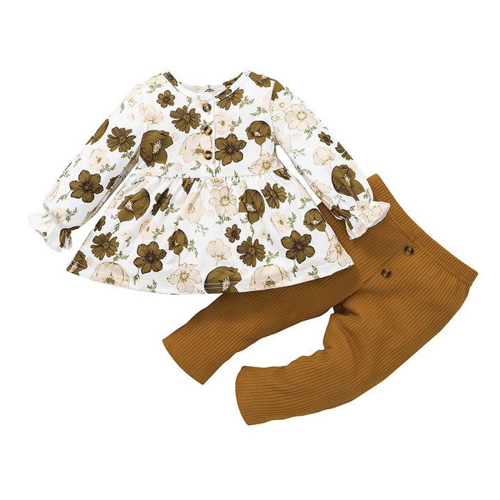 Brown Girls Floral Printed Top With Trousers
