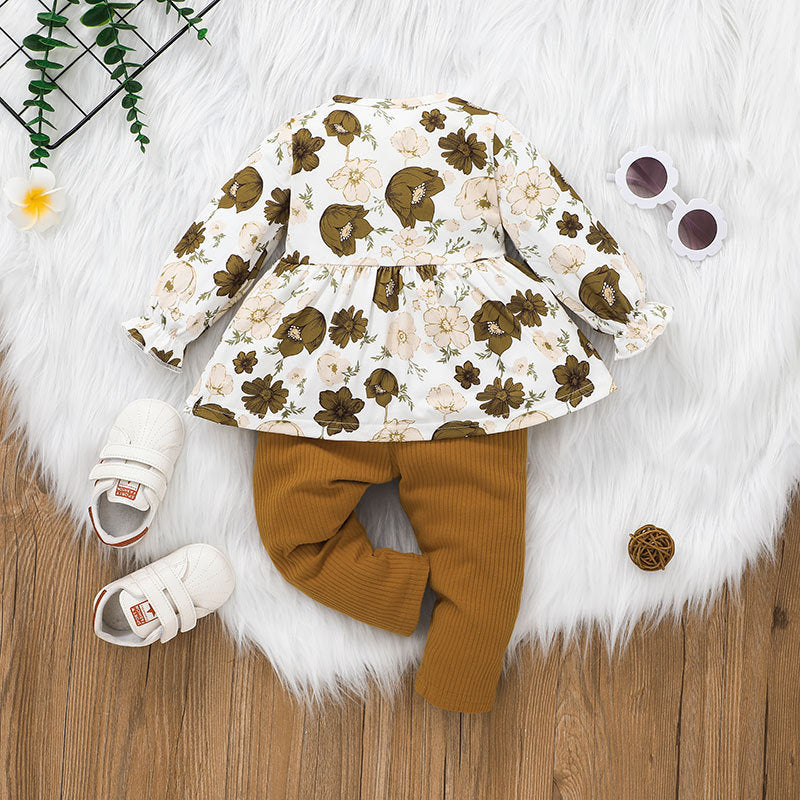 Brown Girls Floral Printed Top With Trousers