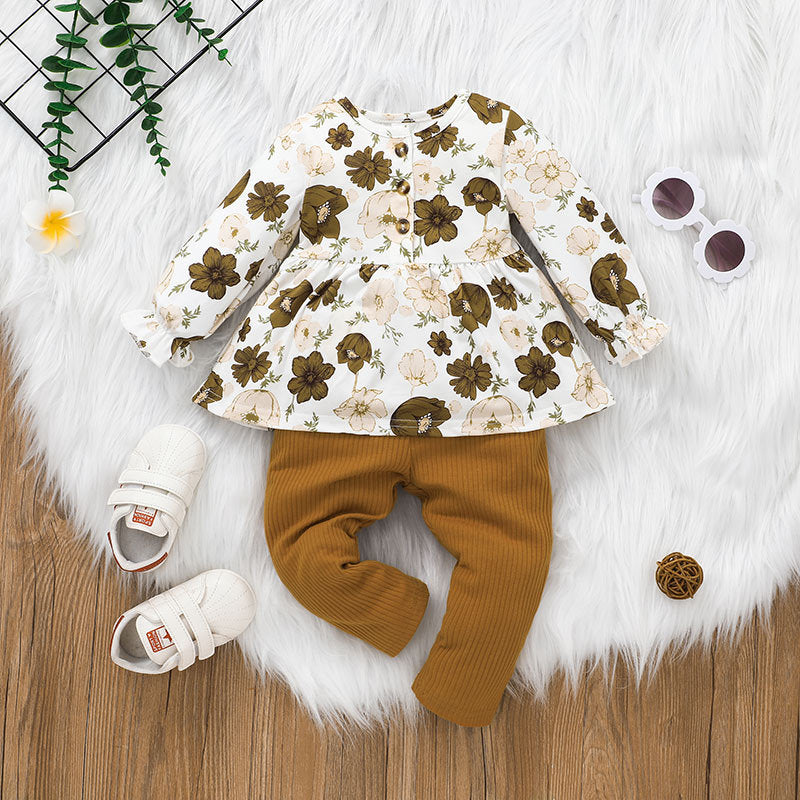 Brown Girls Floral Printed Top With Trousers