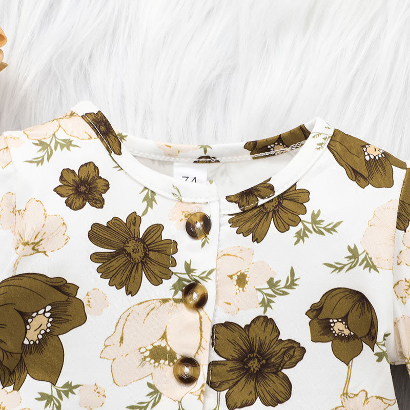 Brown Girls Floral Printed Top With Trousers