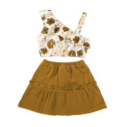 Girls White & Brown Printed Top with Skirt