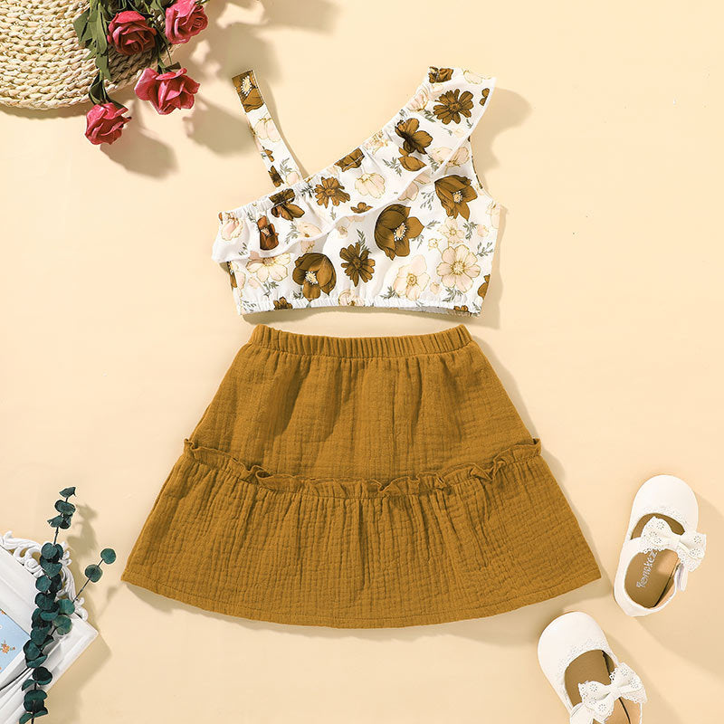 Girls White & Brown Printed Top with Skirt