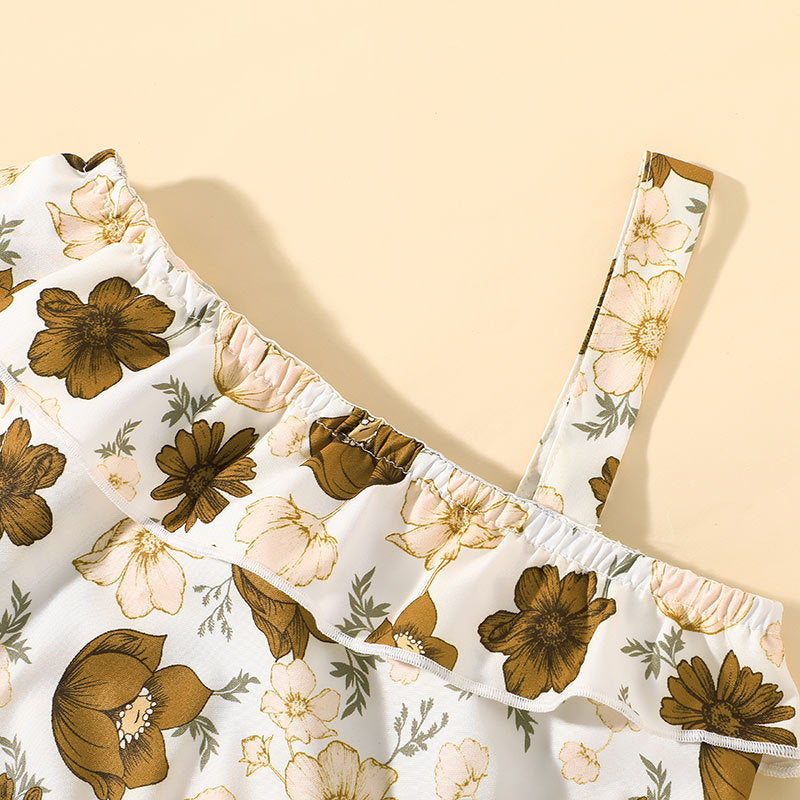 Girls White & Brown Printed Top with Skirt