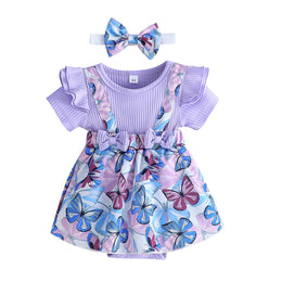 Infants Girls Purple Floral Bow Cotton Pinafore Dress With Rompers & Headband
