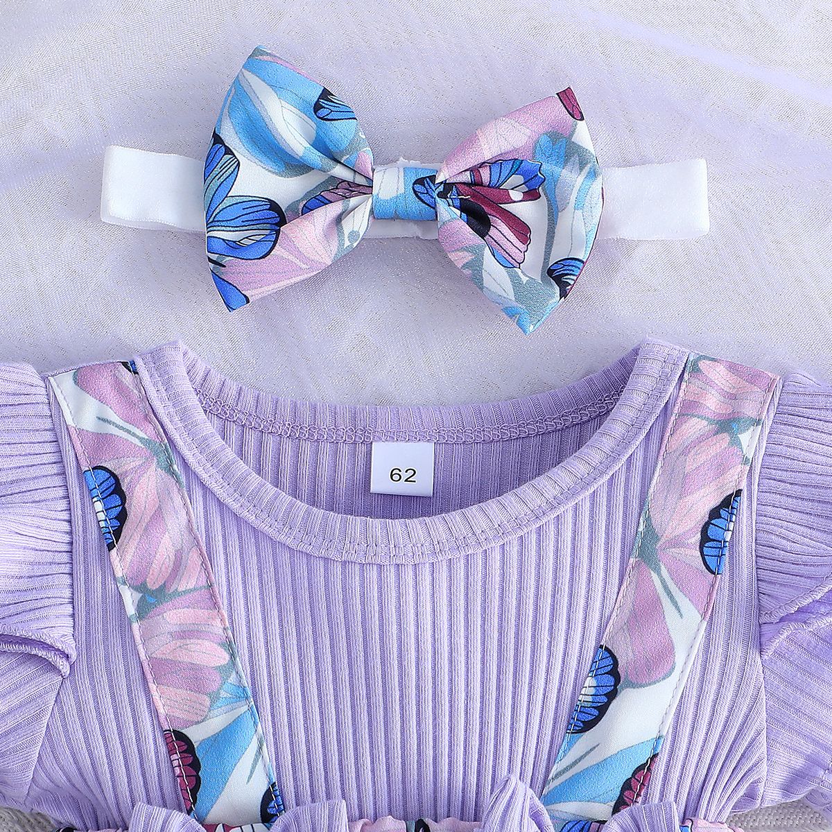 Infants Girls Purple Floral Bow Cotton Pinafore Dress With Rompers & Headband
