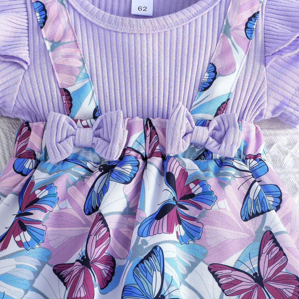Infants Girls Purple Floral Bow Cotton Pinafore Dress With Rompers & Headband
