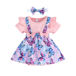 Infants Girls Pink Floral Bow Cotton Pinafore Dress With Rompers & Headband