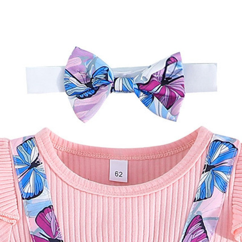 Infants Girls Pink Floral Bow Cotton Pinafore Dress With Rompers & Headband
