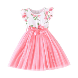 Pink Girls Floral Printed Flutter Sleeves Bow Detail Fit & Flare Dress