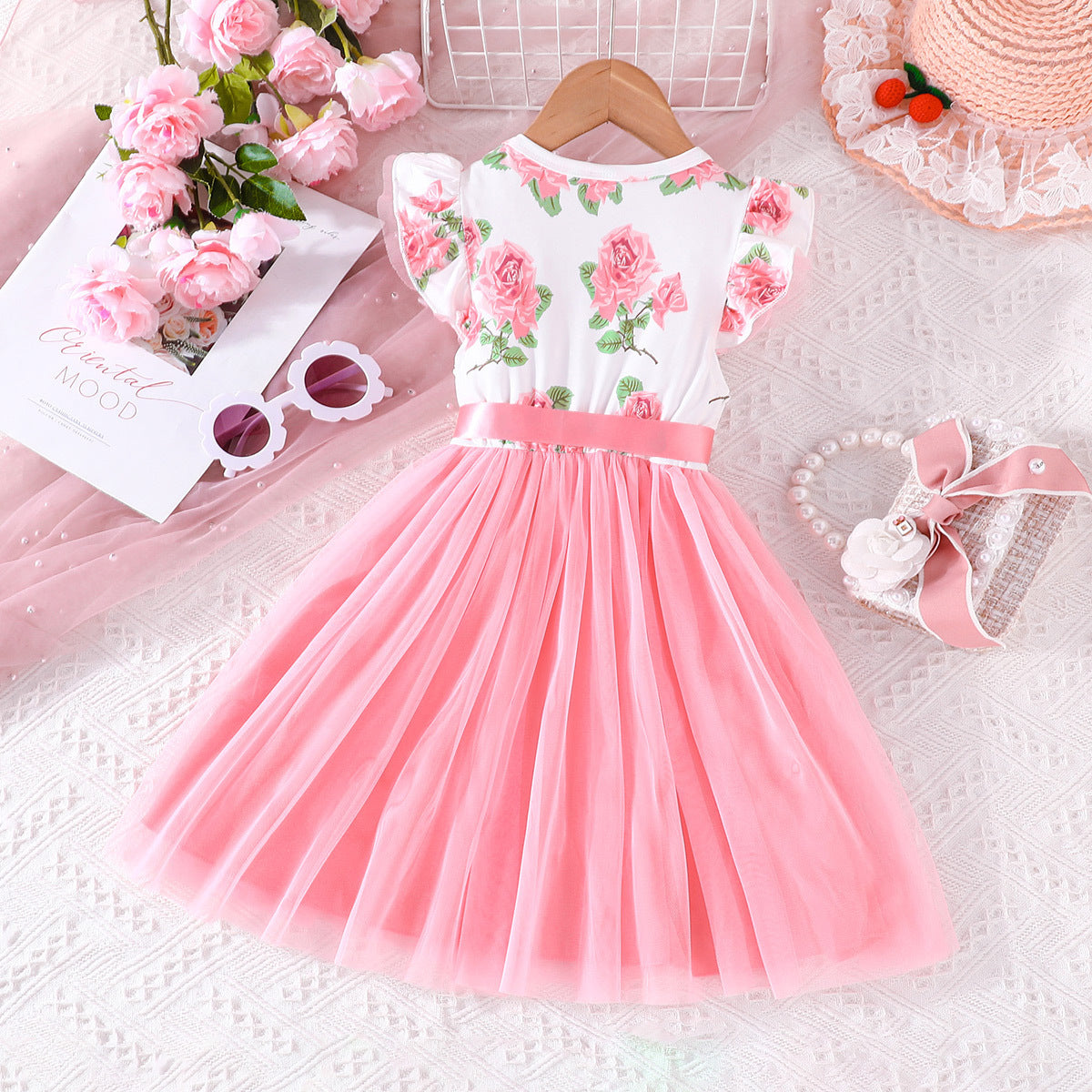 Pink Girls Floral Printed Flutter Sleeves Bow Detail Fit & Flare Dress