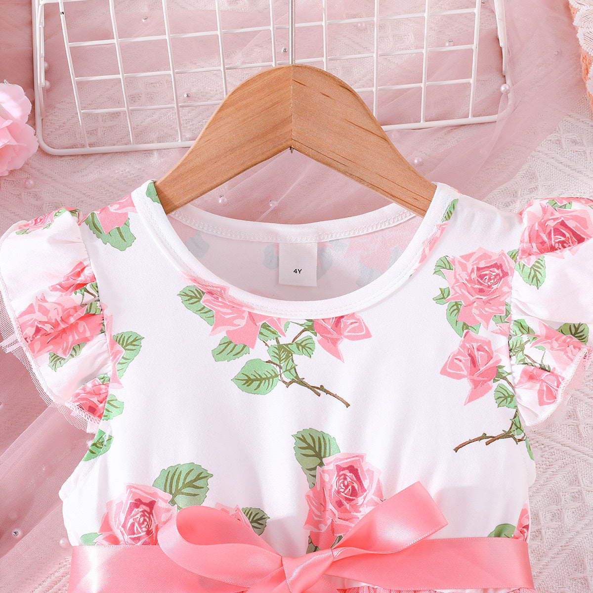 Pink Girls Floral Printed Flutter Sleeves Bow Detail Fit & Flare Dress
