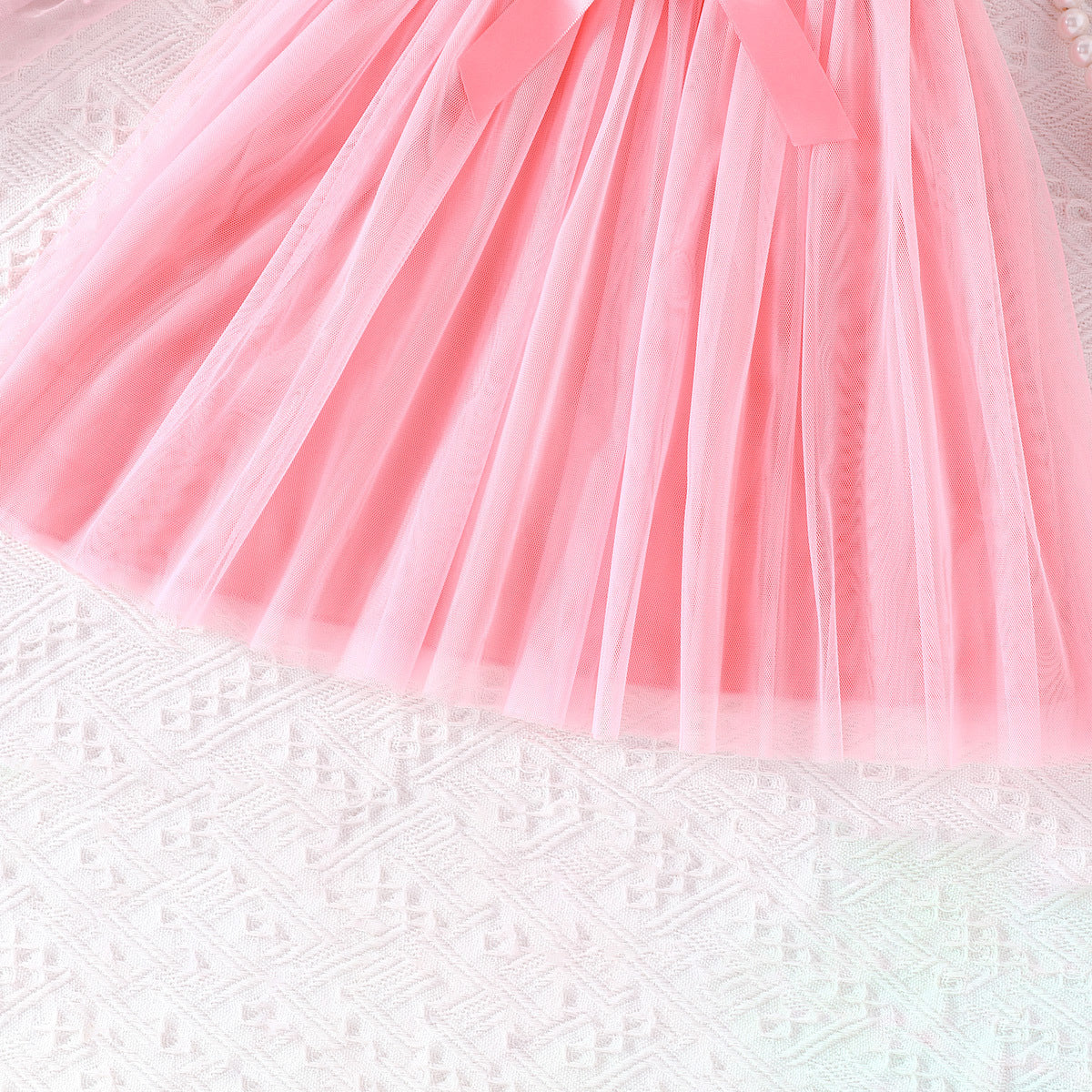 Pink Girls Floral Printed Flutter Sleeves Bow Detail Fit & Flare Dress