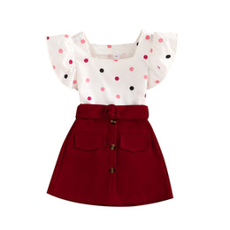 Girls Red & White Square Neck Printed Top with Skirt