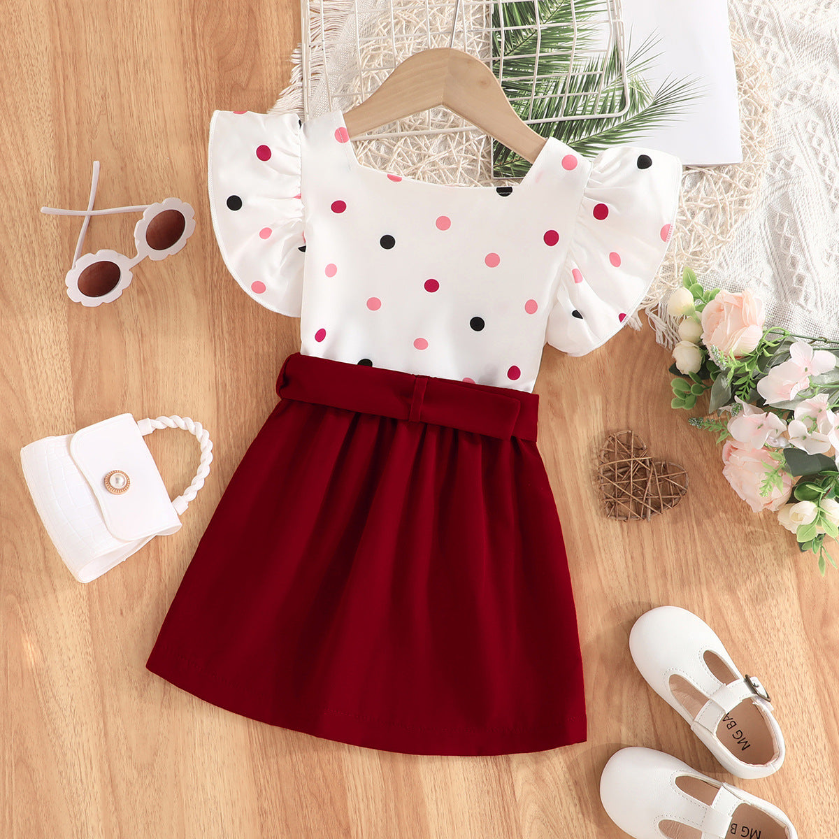 Girls Red & White Square Neck Printed Top with Skirt
