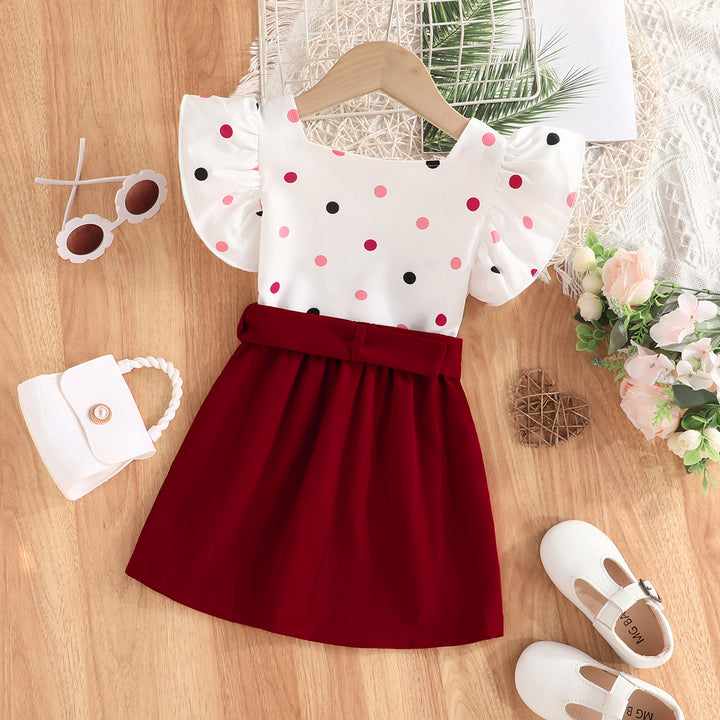 Girls Red & White Square Neck Printed Top with Skirt