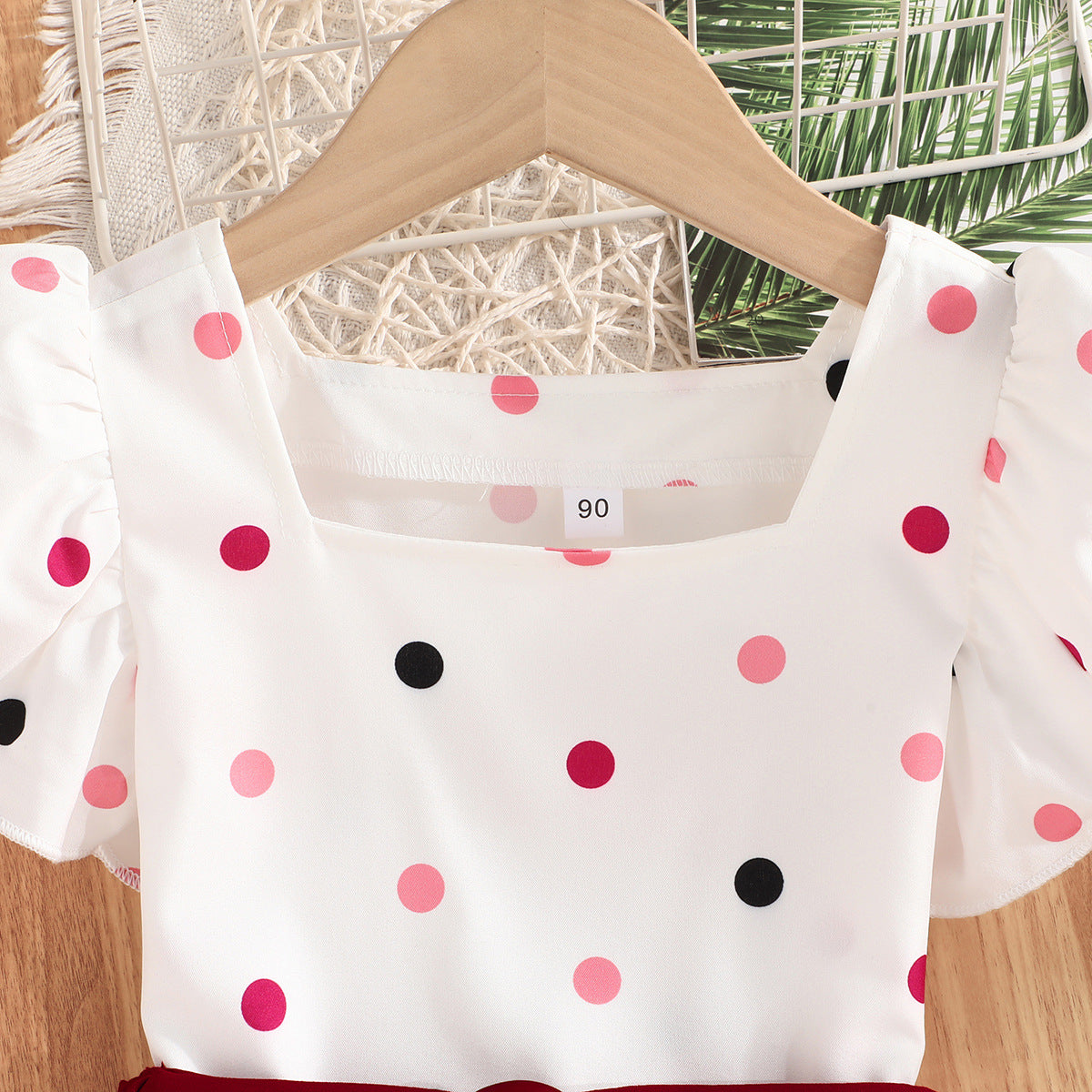 Girls Red & White Square Neck Printed Top with Skirt