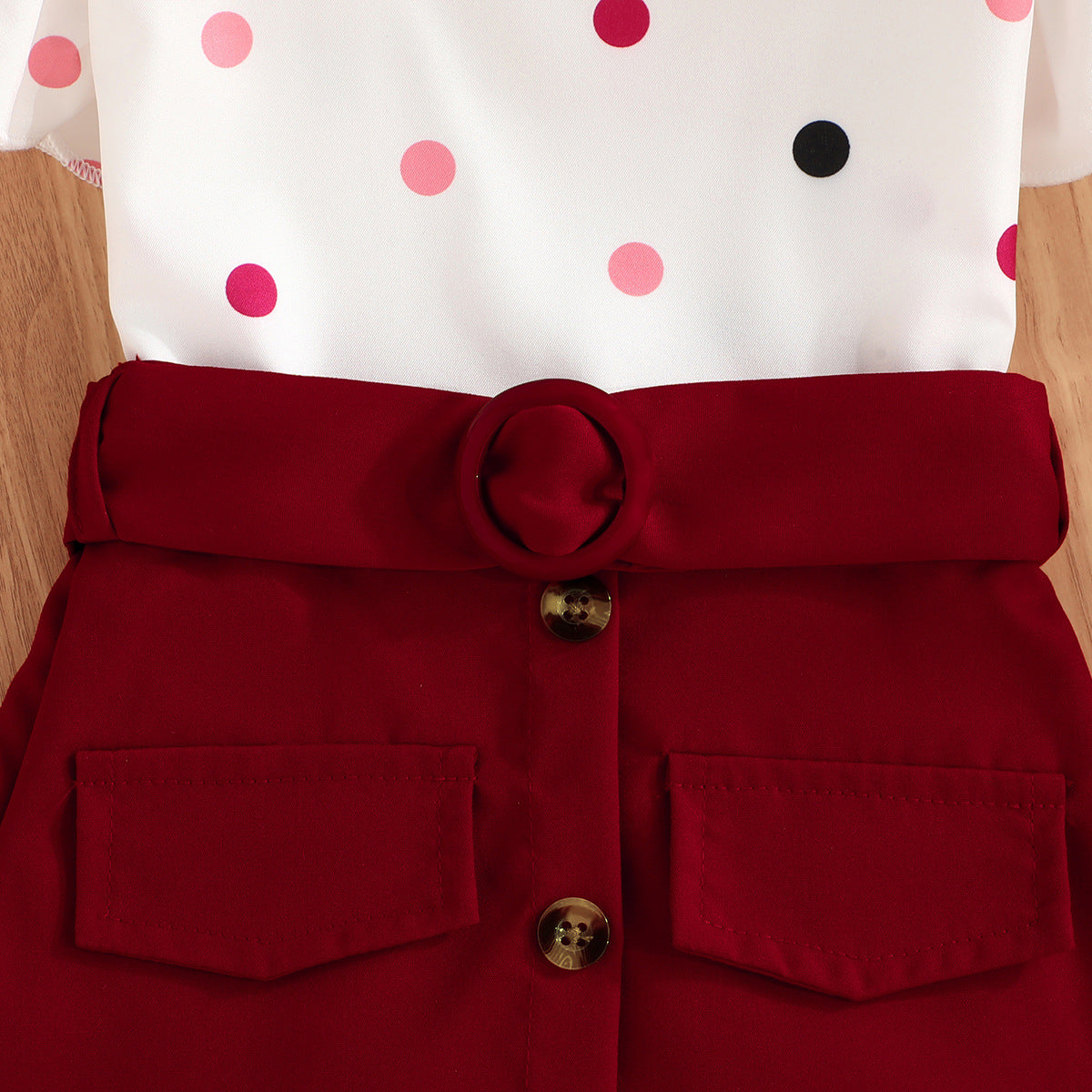 Girls Red & White Square Neck Printed Top with Skirt