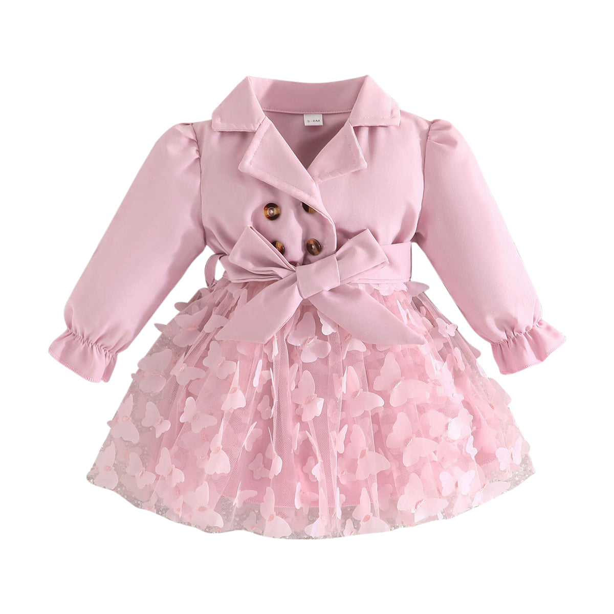 Pink Girls Butterfly Applique Lapel Collar Fit & Flare Dress
