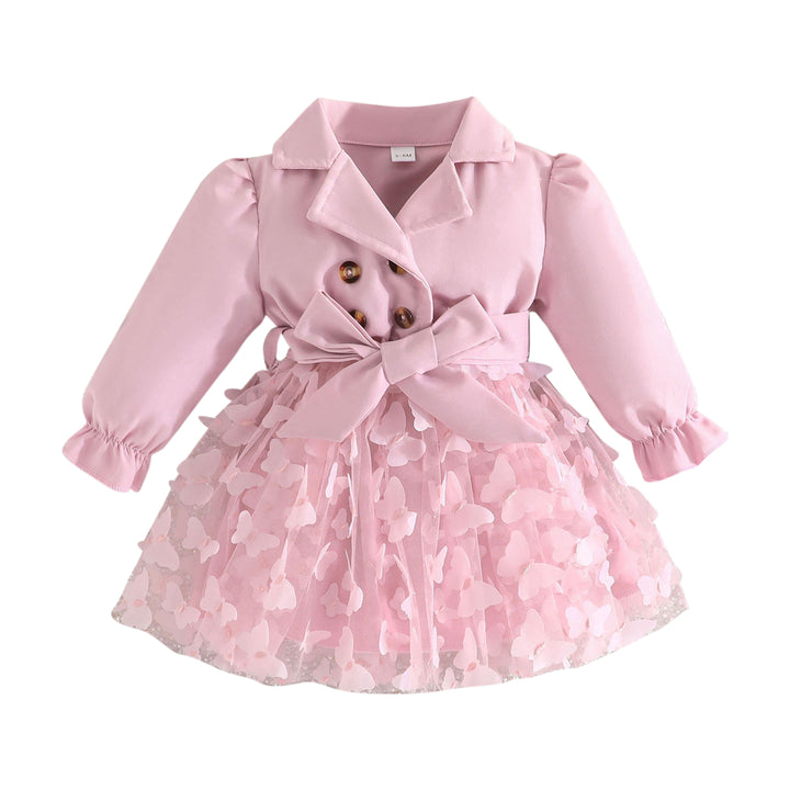 Pink Girls Butterfly Applique Lapel Collar Fit & Flare Dress