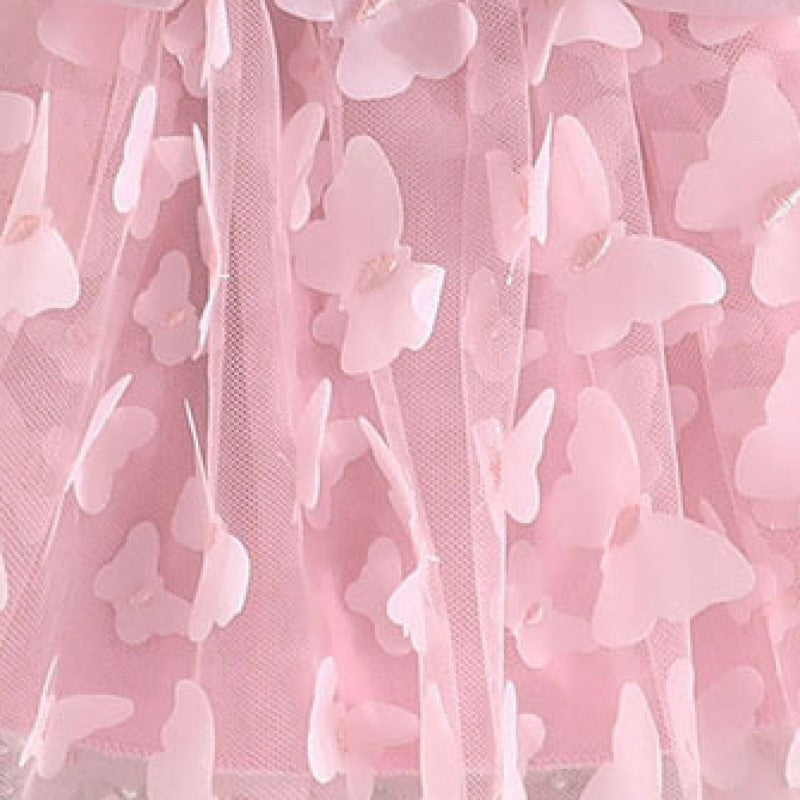 Pink Girls Butterfly Applique Lapel Collar Fit & Flare Dress