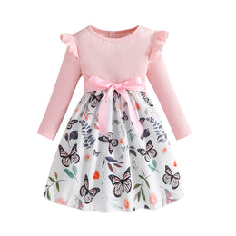 Pink Girls Conversational Printed Ruffles & Bow Detail Fit & Flare Dress