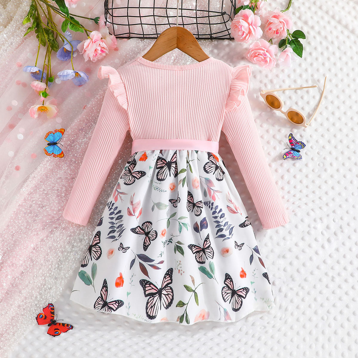 Pink Girls Conversational Printed Ruffles & Bow Detail Fit & Flare Dress