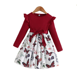 Red Girls Floral Printed Ruffles & Bow Detail Fit & Flare Dress