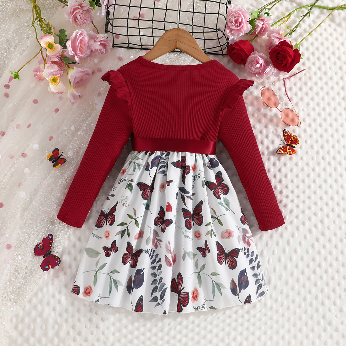 Red Girls Floral Printed Ruffles & Bow Detail Fit & Flare Dress