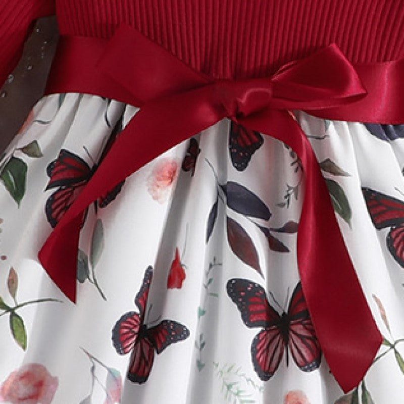 Red Girls Floral Printed Ruffles & Bow Detail Fit & Flare Dress