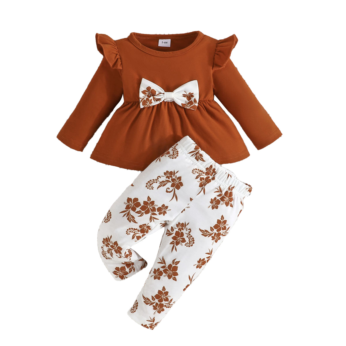 Infants Girls Brown & White Round Neck Pure Cotton Top with Trousers