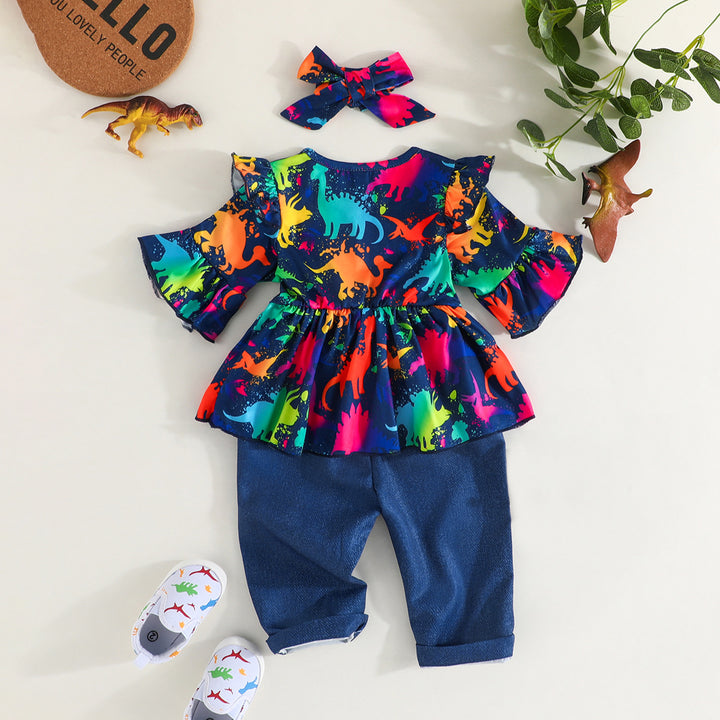 Navy Blue Girls Printed Top with Pyjamas