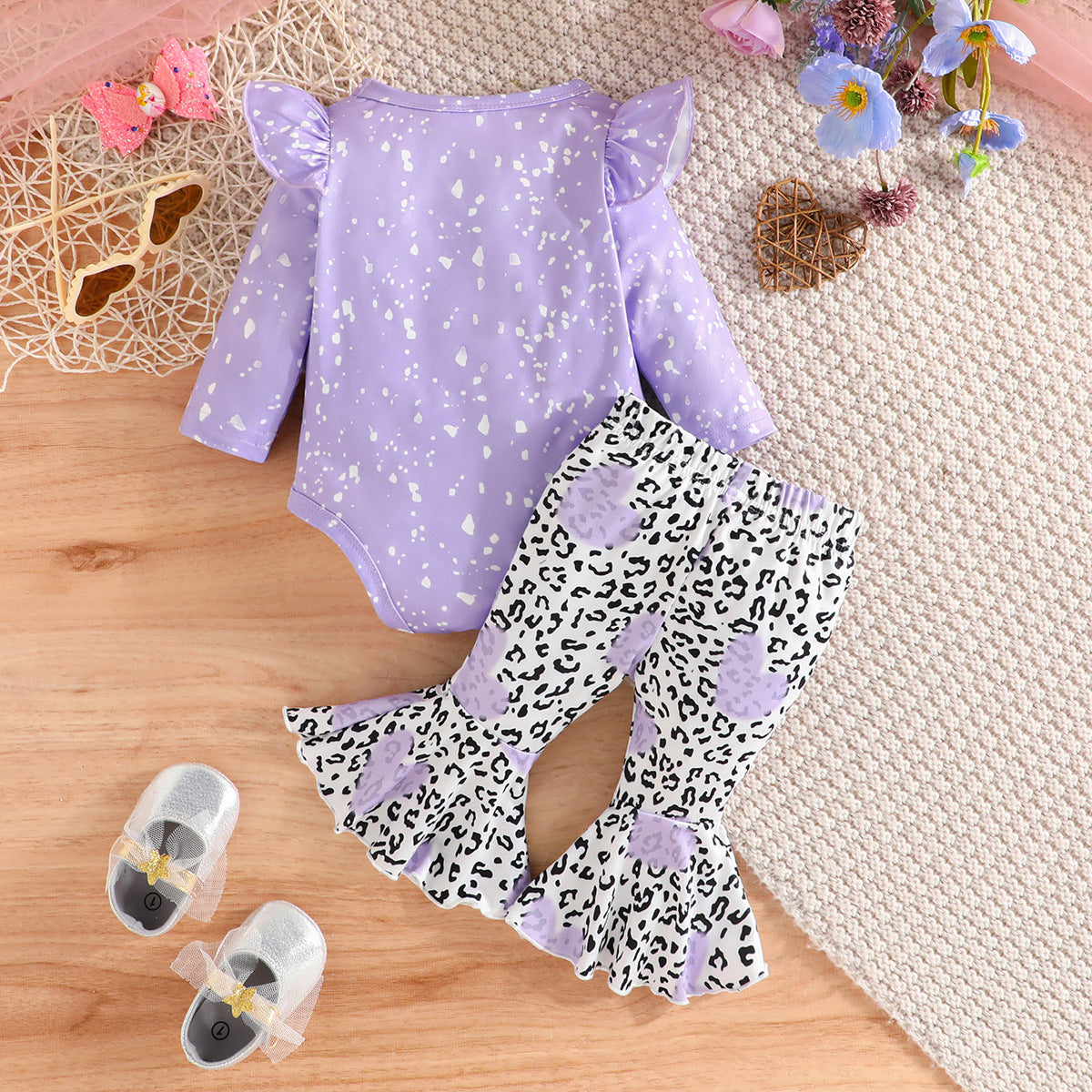 Lavender Girls Printed Bodysuit With Palazzos