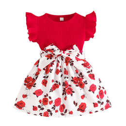 Infant Girls Red Floral Printed Flutter Sleeves Fit & Flare Dress