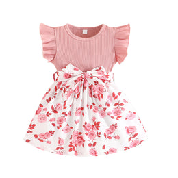 Girls Pink Floral Printed Flutter Sleeves Fit & Flare Dress