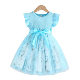Girls Blue Floral Printed Flutter Sleeves Gathered Cotton Fit & Flare Dress