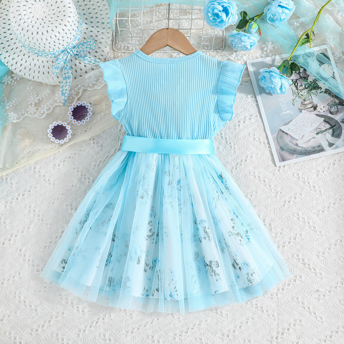 Girls Blue Floral Printed Flutter Sleeves Gathered Cotton Fit & Flare Dress