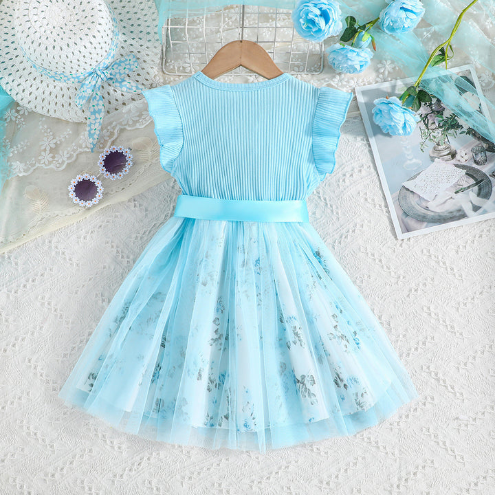 Girls Blue Floral Printed Flutter Sleeves Gathered Cotton Fit & Flare Dress