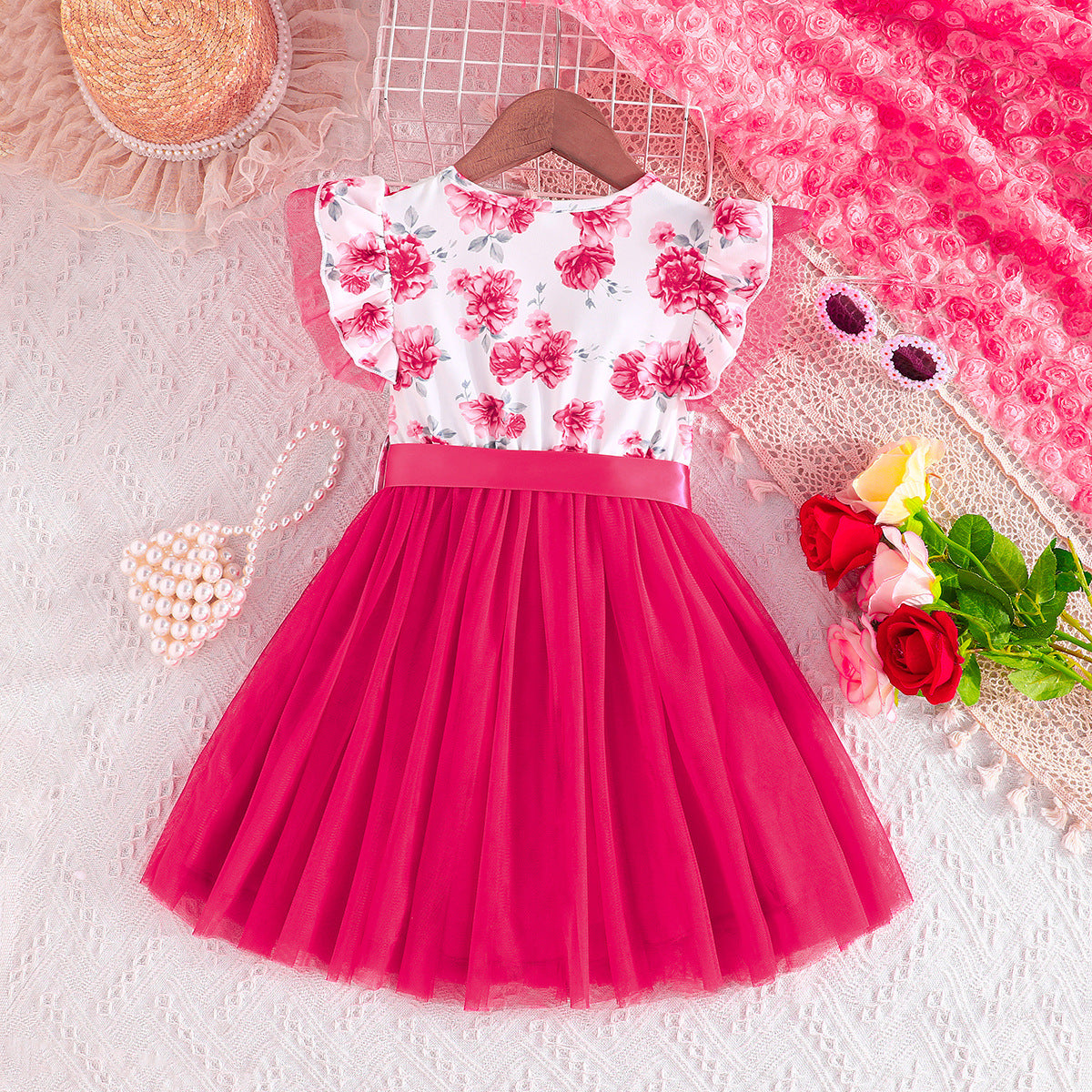 Floral Printed Flutter Sleeve Semi Sheer Fit & Flare Dress