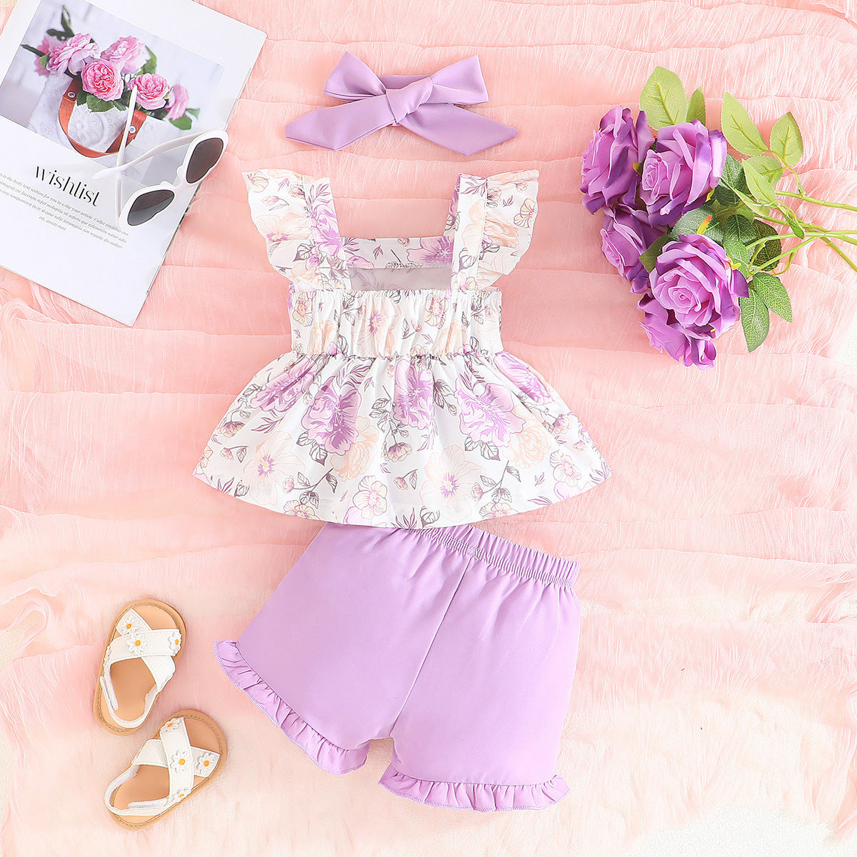 Girls Printed Square Neck Top With Short