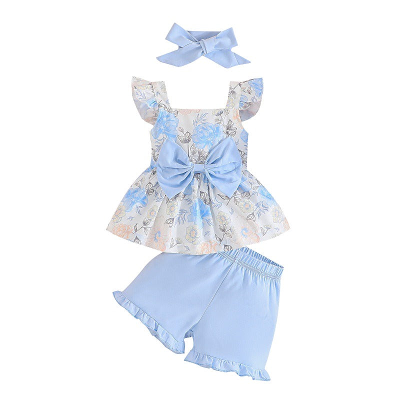 Girls Blue & White Printed Top with Shorts