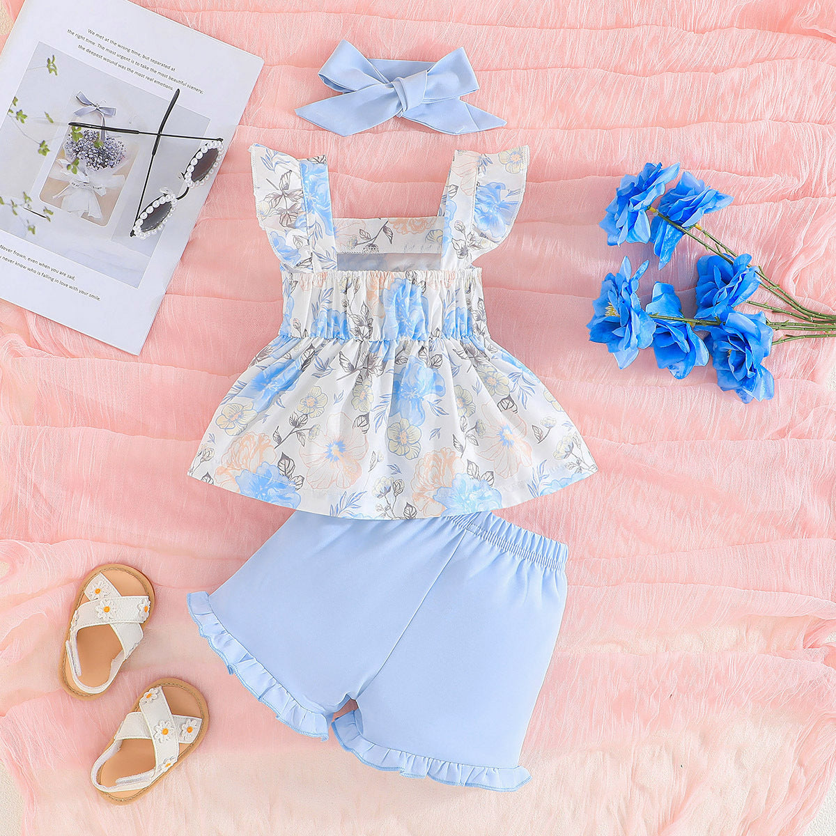 Girls Blue & White Printed Top with Shorts