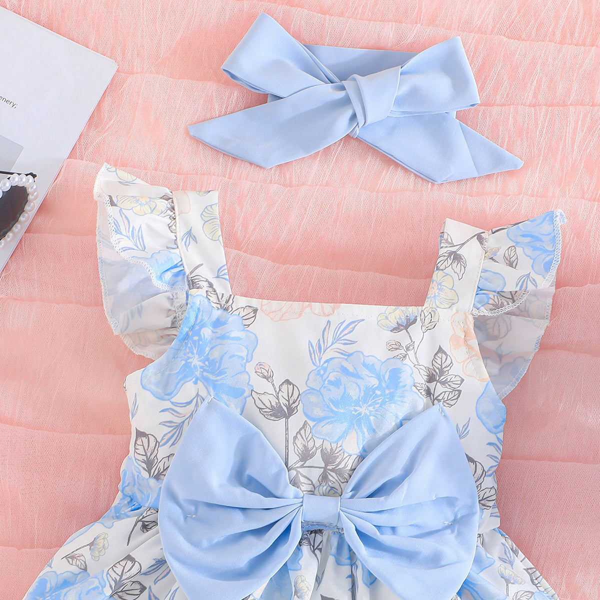 Girls Blue & White Printed Top with Shorts