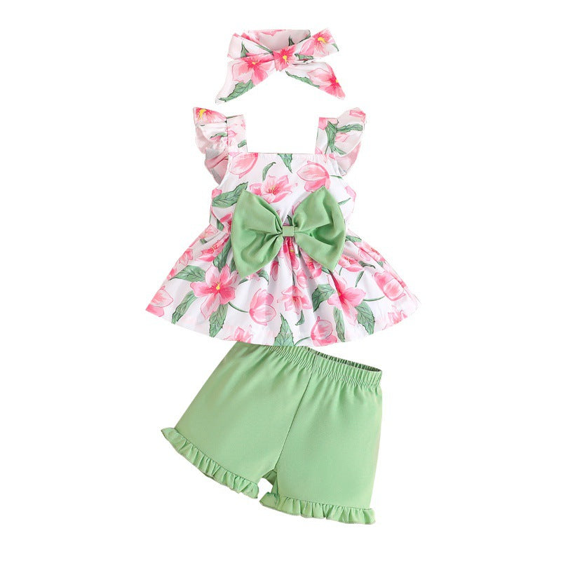 Girls Printed Square Neck Top With Short