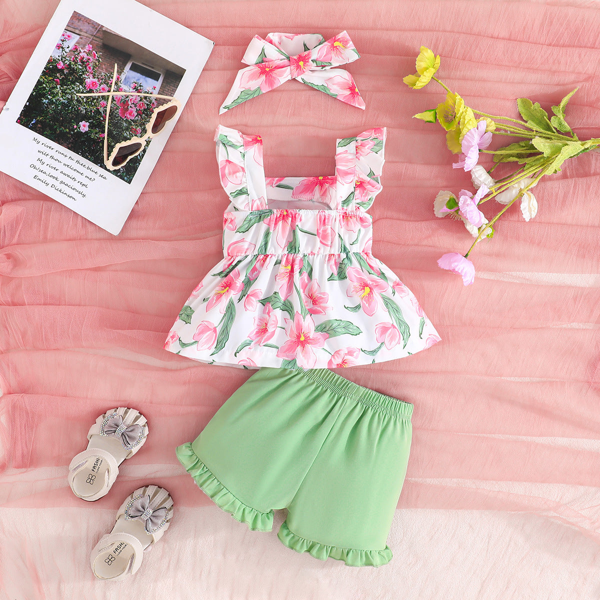 Girls Printed Square Neck Top With Short