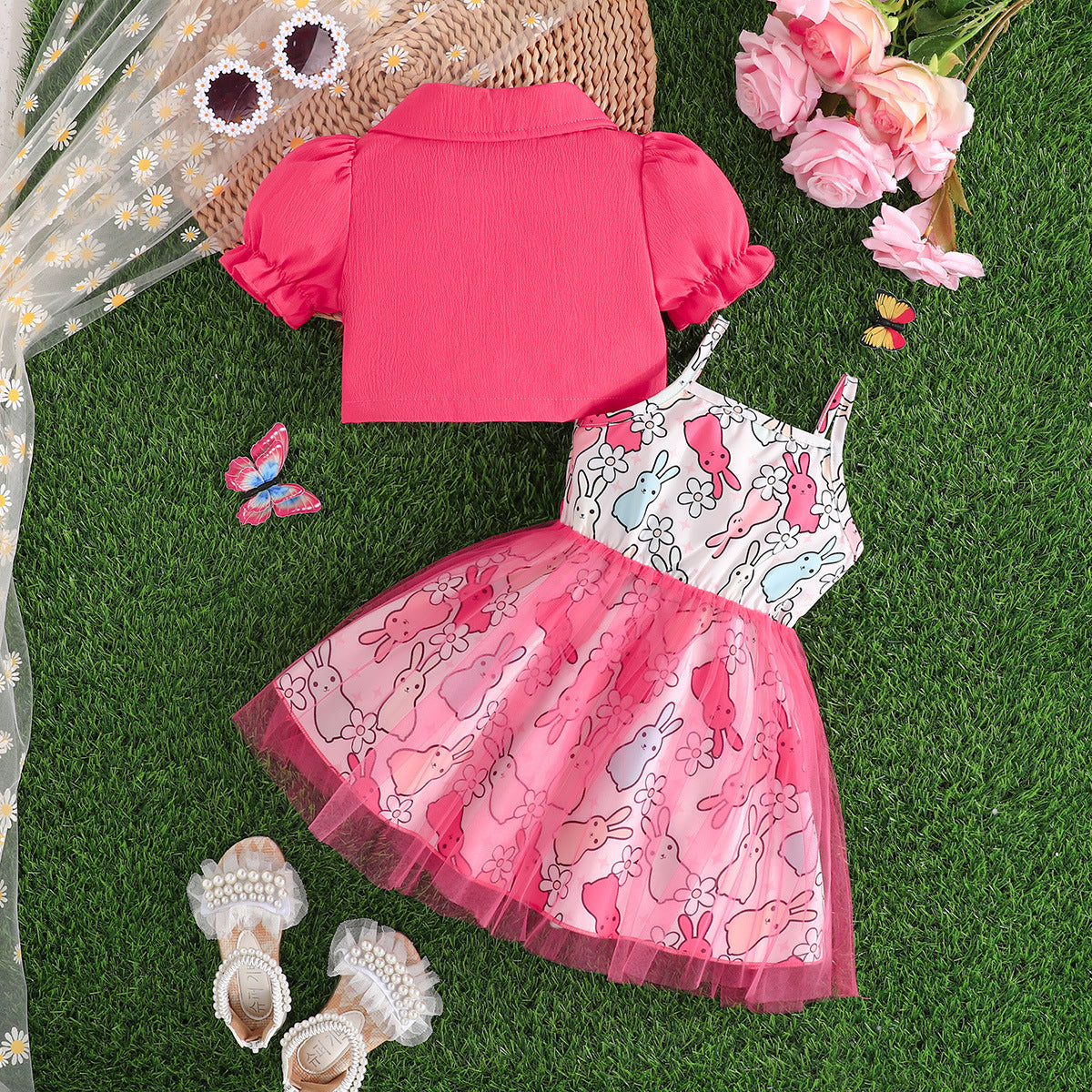 Infants Shirt Collar Short Sleeves Top & Skirt