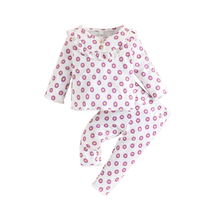 Girls White & Purple Floral Printed Top with Trouser