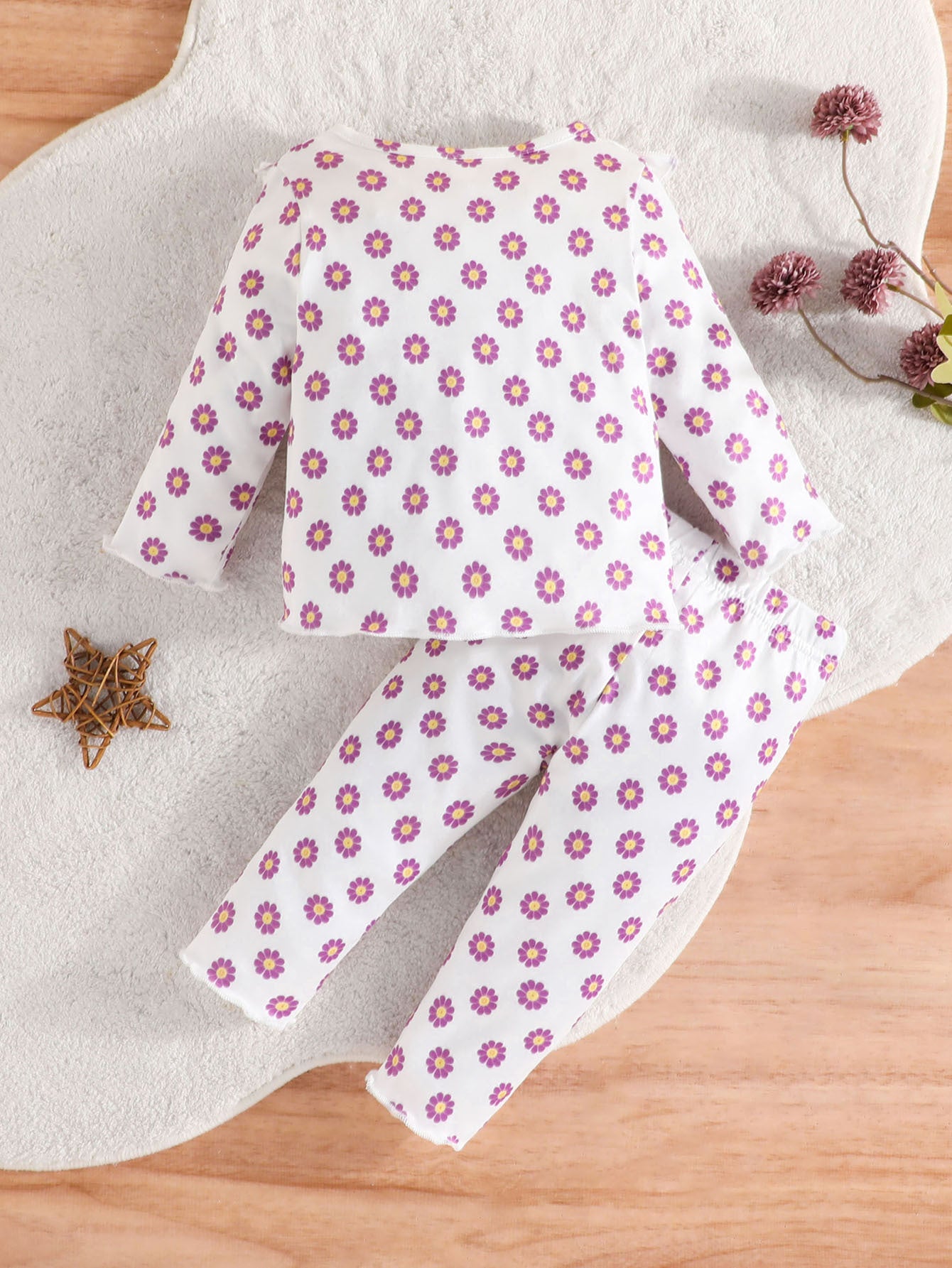 Girls White & Purple Floral Printed Top with Trouser