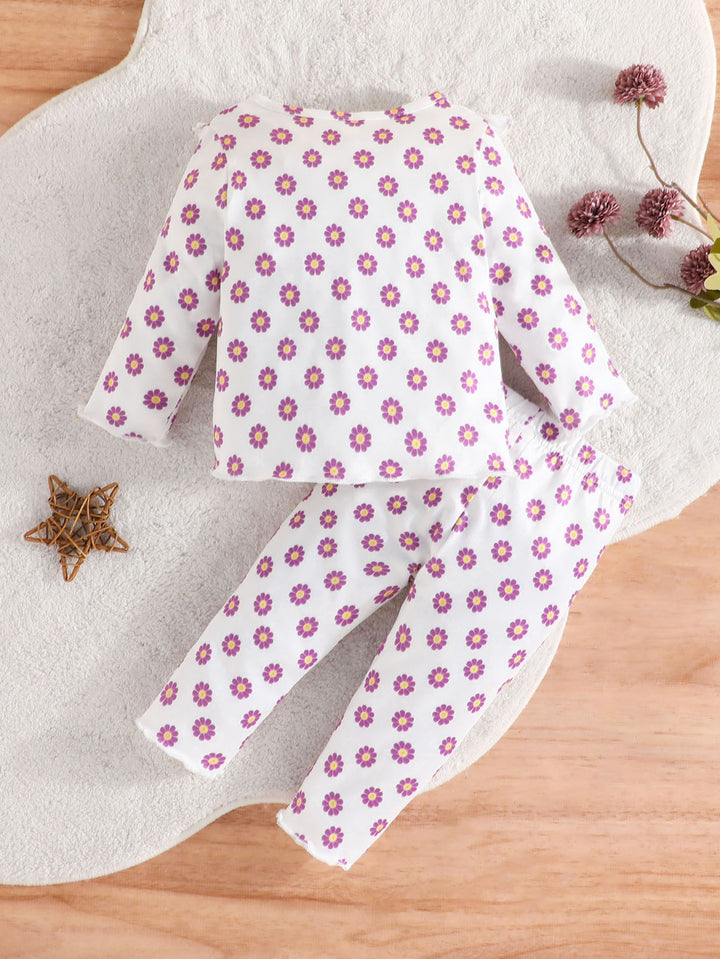 Girls White & Purple Floral Printed Top with Trouser
