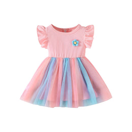 Pink Girls Colourblocked Flutter Sleeves Gathered Detail Fit & Flare Dress